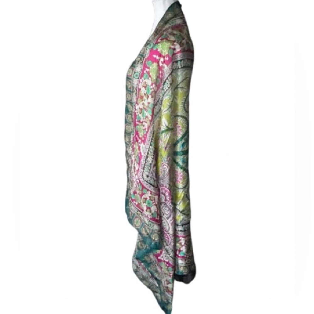 NWT 100% Silk Long Scarf Wrap Mandala Floral Boho Pink Aqua Blue Teal NEW - Picture 3 of 14